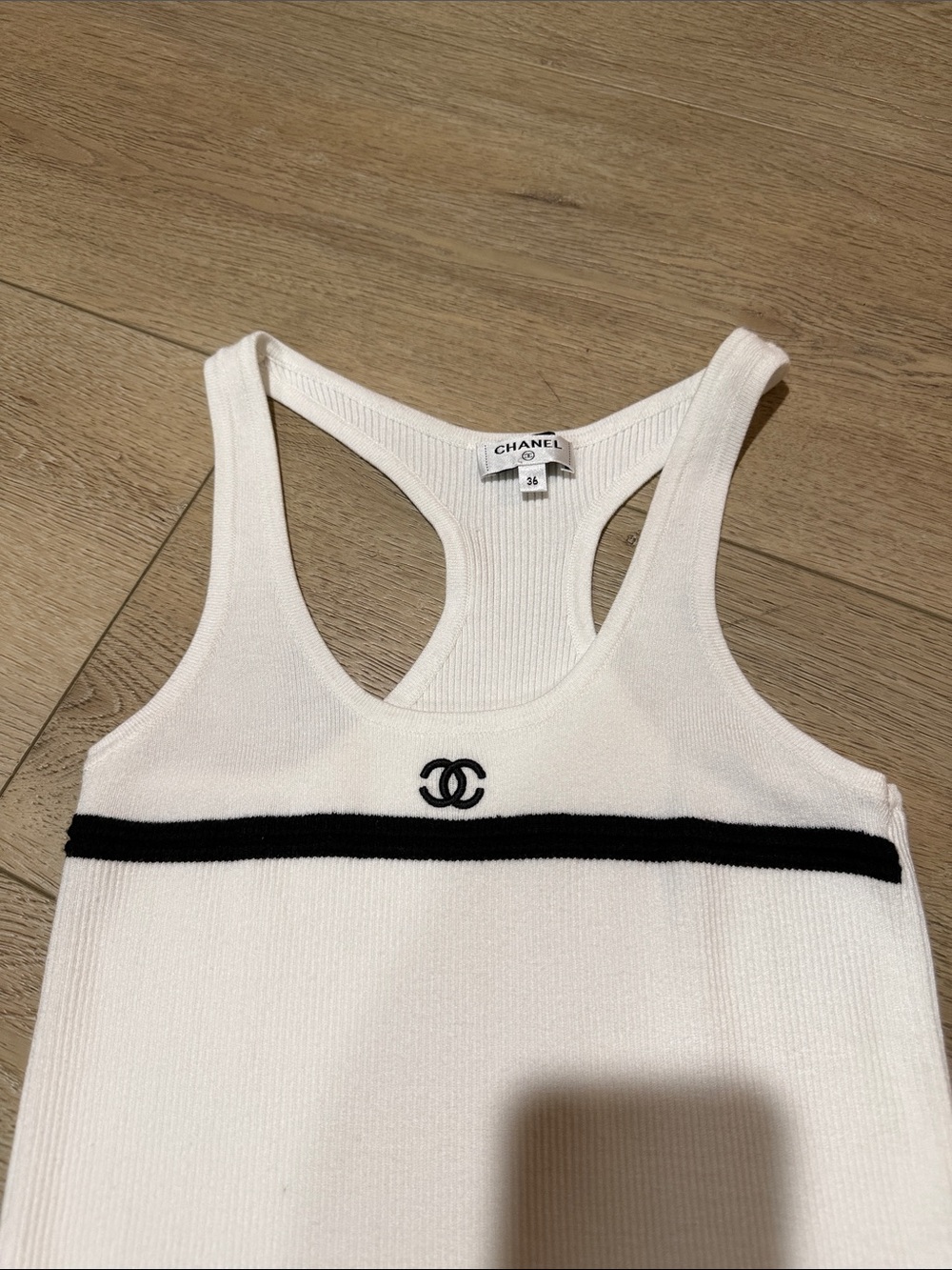 CHANEL White Ribbed Racerback Tank with Black Trim and CC Logo - Picture 2 of 3